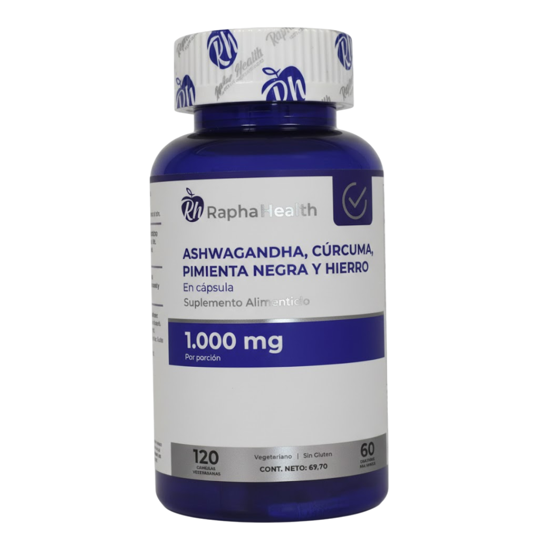 Ashwagandha, cúrcuma, Pimienta Negra y Hierro 120 Capsulas - Rapha Health